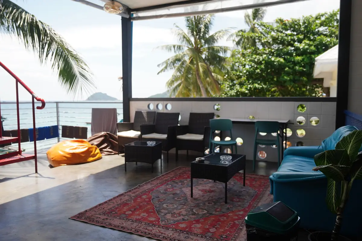 Rooftop lounge at the partner hostel